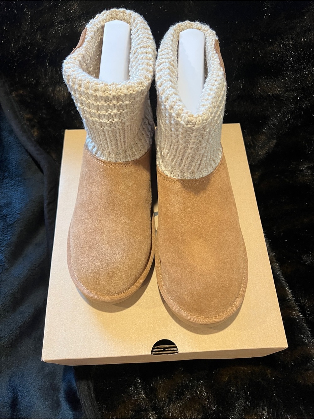 UGG Chestnut Suede Ankle Boots with Cream Knit Cuff